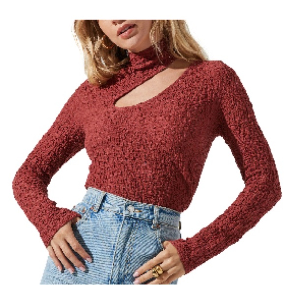 ASTR the Label Asymmetric Cutout Mock Neck Cotton Blend Top in the color: Rust